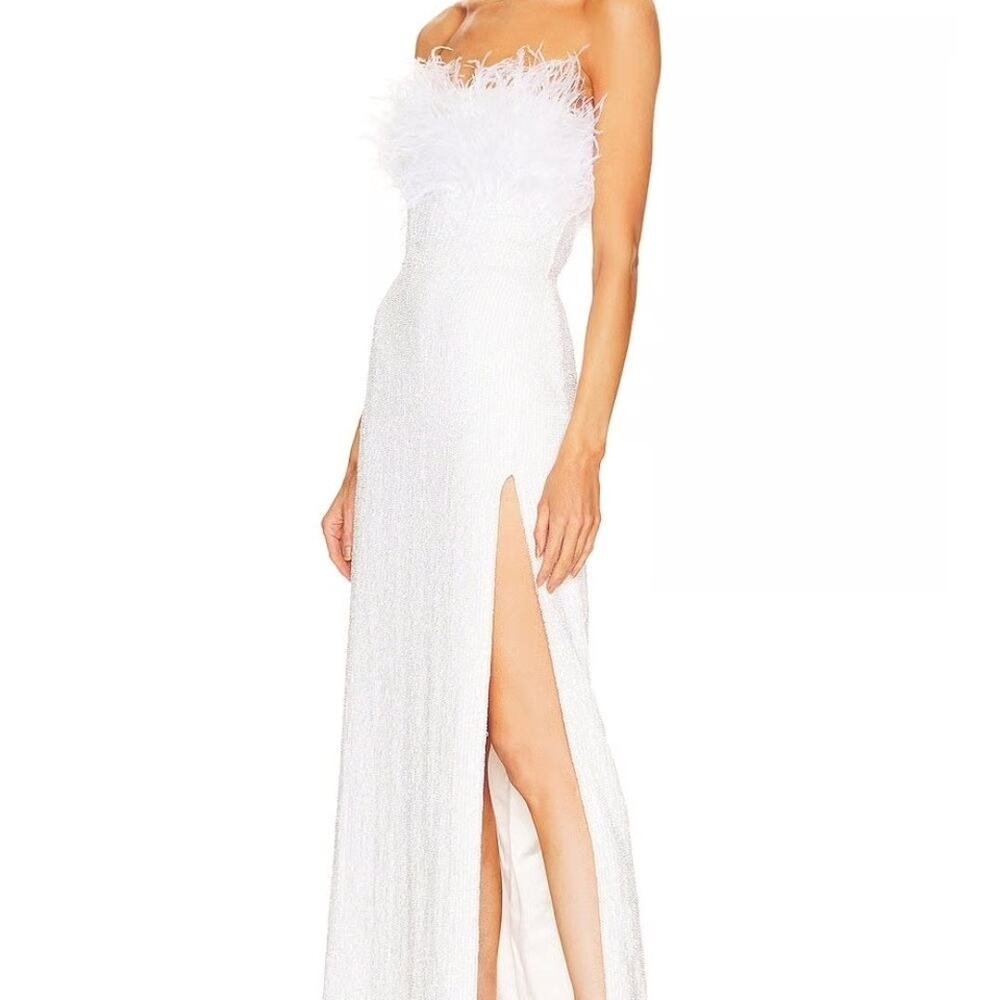 Retrofête Dolly Strapless Feather-Trim Sequin Satin Gown - Picture 2 of 13